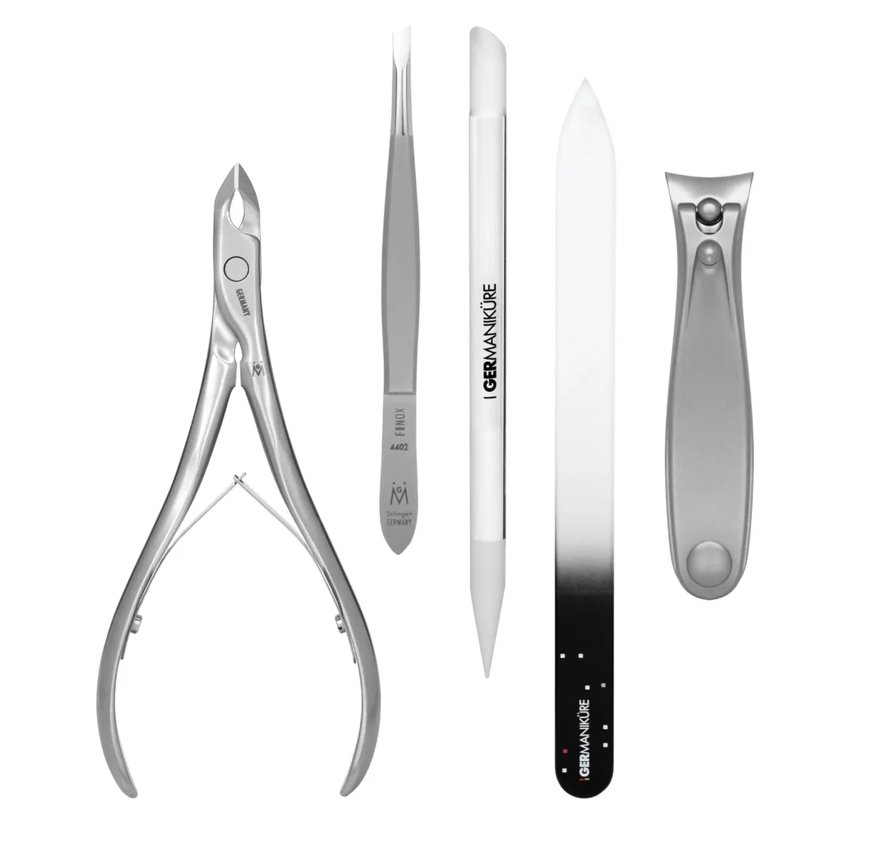 GERMANIKURE - Five Piece Manicure Set: Nail Clipper, Cuticle Nipper, Slanted Tweezer, Glass Nail File and Cuticle Stick - Image 2