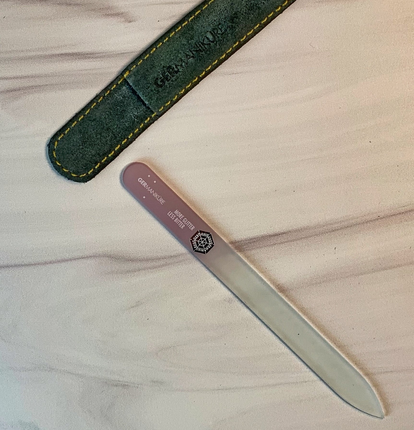 "More Glitter Less Bitter" Germanikure Mantra Nail File and Leather Sleeve - Light Pink - Image 2