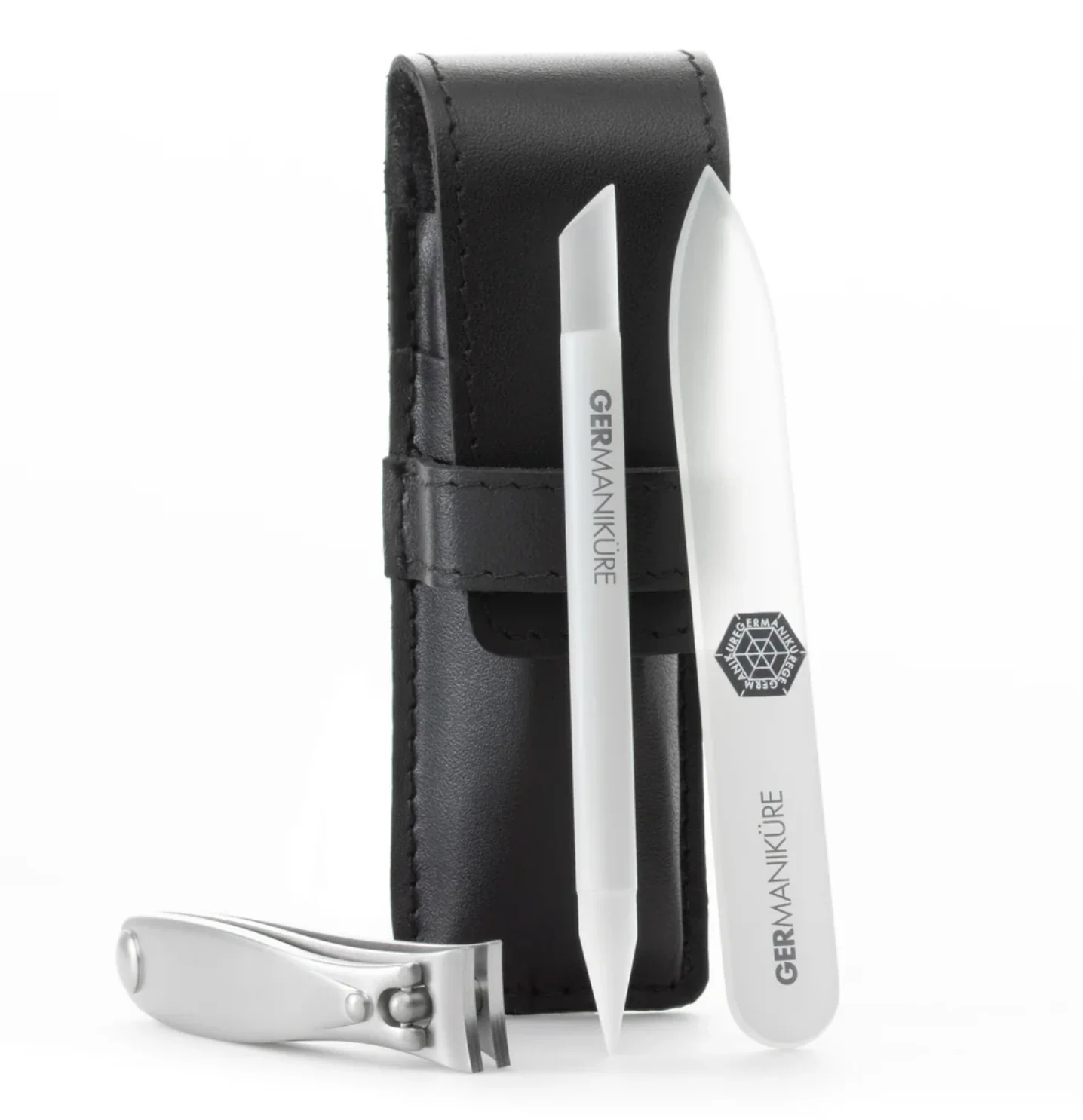 GERMANIKURE - Three Piece Travel Manicure Set -  Surgical Stainless Steel: Fingernail Clipper, Glass Nail File and Cuticle Stick (Black Case)